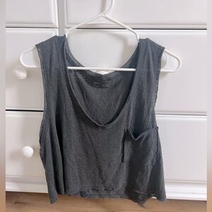 Aerie Breezy Linen V-Neck Pocket Tank Top in Charcoal Gray.